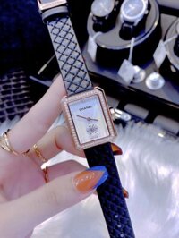 Đồng hồ Chanel nữ dây da màu đen đính đá Chanel Diamond Boy-Friend 35mm