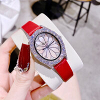 Đồng Hồ Chopard Nữ Máy Quartz (Pin) Thiết Kế Full Đá Pha Lê Siz 35mm Kính Sapphiare Dây Da Đỏ