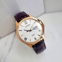 Đồng hồ Citizen mặt trắng số la mã, viền vàng, da nâu BF2023 - 01A (size 41mm)