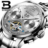 Đồng hơ cơ nam Binger mặt số La Mã chính hãng cao cấp (dây kim loại) DH978 (Mặt xám dây bạc)