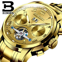 Đồng hơ cơ nam Binger mặt số La Mã chính hãng cao cấp (dây kim loại) DH978 (Mặt vàng dây vàng)