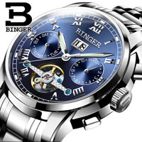 Đồng hơ cơ nam Binger mặt số La Mã chính hãng cao cấp (dây kim loại) DH978 (Mặt xanh dây bạc)