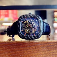 Đồng hồ cơ tự động vuông sợi Carbon Đồng hồ nam vuông chống thấm nước Da thật xu hướng thời trang Mặt số lớn Lực lượng đặc biệt