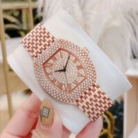 Đồng hồ đeo tay màu vàng hồng dây đeo bằng thép không gỉ đính đá giả thời trang cho nữ