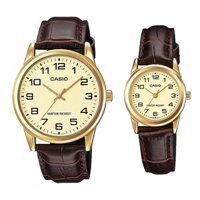 Đồng hồ đôi nam nữ dây da Casio Anh Khuê MTP/LTP V001GL-9B
