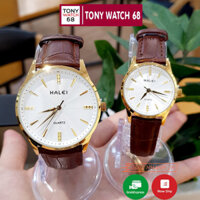 Đồng hồ đôi nam nữ Halei dây da đeo tay cao cấp đẹp mặt nhỏ số đá viền vàng chính hãng - Hàng mới về