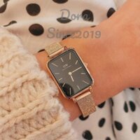 Đồng hồ D.|w dây lưới vàng hồng -mặt đen - mặt chữ nhật-đồng hồ nữ