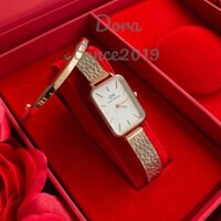 Đồng hồ D./.W mặt chữ nhật-đồng hồ dây lưới vàng hồng mặt trắng cho nữ