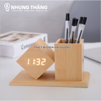 Đồng Hồ Gỗ Led Để Bàn Hình Vuông Chéo DH-95 - Kiêm Hộp Đựng Bút - 4 Màu Thanh Lịch - Trang trí decor vintage Căn Phòng