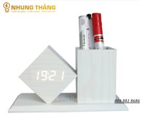 Đồng Hồ Gỗ Led Để Bàn Hình Vuông Chéo DH-95 - Kiêm Ống Đựng Bút - 4 Màu Thanh Lịch - Trang trí decor vintage Căn Phòng - Tặng Pin - Gỗ Trắng LED Trắng