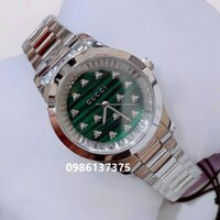 Đồng Hồ Gucci G-Timeless Dây Kim Loại Silver Mặt Xanh Lá Đính Ong Nổi Size 30mm - 38mm
