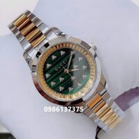 Đồng Hồ Gucci G-Timeless Dây Kim Loại Demi Vàng Mặt Xanh Gợn Sóng Đính Ong Nổi Size 30mm - 38mm