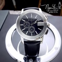 Đồng Hồ Gucci Nam Dây Da Đen Vỏ Thép Màu Bạc Size 45mm