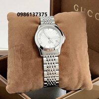 Đồng Hồ Gucci Nữ Dây Kim Loại Bạc Mặt Trắng Họa Tiết Caro 3D Size 28mm