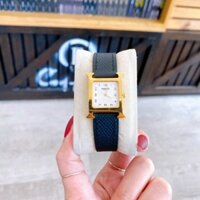 Đồng hồ Hermes nữ mặt vuông dây da màu đen Hermes H Double Jeu 26mm