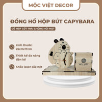 Đồng hồ hộp bút Capybara Mộc Việt Decor - Đồng hồ gỗ để bàn kim trôi 25x11x17cm