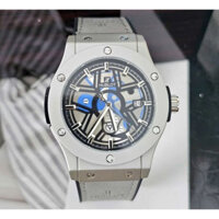Đồng hồ hublot máy cơ nhật automatic lộ máy khung viền thép không gỉ dây da thiết kế luxury chống nước chống xước