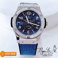 Đồng Hồ Hublot Nam Máy Cơ Tự Động Lộ Máy Dây Da Silicon Xanh Đính Đá Ống Vỏ Bạc 42mm