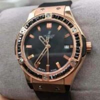 Đồng hồ Hublot nữ HB006 vành vàng hồng viền đá đen máy Nhật