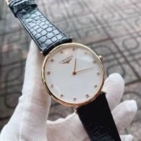 Đồng Hồ Longines Nam Dây Da Siêu Mỏng Mặt Số Hạt - Màu Vàng