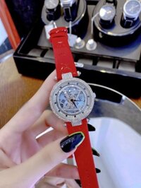 Đồng hồ Louis Vuitton nữ dây da màu đỏ LV mặt đá xoay siêu cấp 36mm