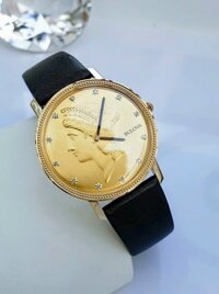 (ĐỒNG HỒ NAM) Bulova Diamond 140th Anniversary Gold Tone Dial Black Leather Strap Watch 97D105, 39mm