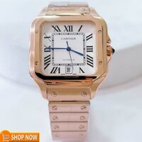 Đồng Hồ Nam Cartier Santos Automatic Dây Kim Loại Vàng Hồng Mặt Trắng Size 38x38mm