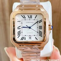 Đồng Hồ Nam Cartier Santos Automatic Dây Kim Loại Vàng Hồng Mặt Trắng Size 38x38mm