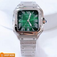 Đồng Hồ Nam Cartier Santos Automatic Dây Kim Loại Silver Mặt Xanh Lá Ombre Size 38x38mm