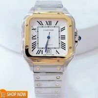 Đồng Hồ Nam Cartier Santos Automatic Dây Kim Loại Demi Vàng Mặt Trắng Size 38x38mm
