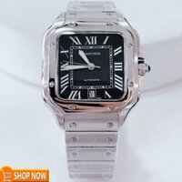 Đồng Hồ Nam Cartier Santos Automatic Dây Kim Loại Silver Mặt Đen Size 38x38mm