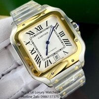 Đồng Hồ Nam Cartier Santos Automatic Dây Kim Loại Demi Vàng Mặt Trắng Size 38x38mm