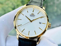 Đồng Hồ Nam Chính Hãng Orient Automatic RA-AC0E03S10B Vỏ Mạ Vàng Mặt Số Màu Trắng Dây Da Thiết Kế Classic 40mm