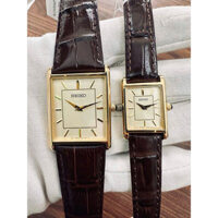 ĐỒNG HỒ NAM CHÍNH HÃNG Seiko SWR064 & SWR066 Quartz Mặt Vuông Gold Case Black Leather For Couple