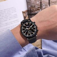 Đồng hồ nam công sở thời trang đồng hồ dây đai ba mắt vỏ đen mẫu mới đồng hồ thạch anh Nam Thường Ngày