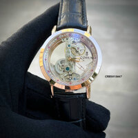 Đồng Hồ Nam Corum máy lộ cơ hai mặt đính đá tím dây da màu đen