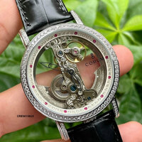 Đồng Hồ Nam Corum máy lộ cơ mặt chữ nhất đính đá full viền dây đen