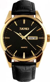 Đồng hồ nam dây da Skmei 9073 Mặt đen viền vàng