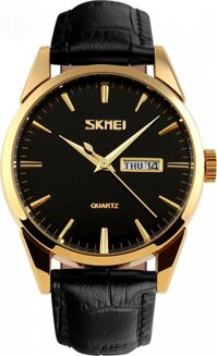 Đồng hồ nam dây da Skmei 9073 Mặt đen viền vàng