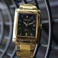 Đồng hồ nam halei mặt vuông thời trang - Dây Vàng - Mặt Đen,Cặp đôi NAM  NỮ