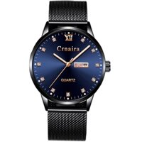 Đồng Hồ Nam Mặt Đính Đá CRNAIRA JAPAN 2 Lịch Chạy Dây Thép Lụa