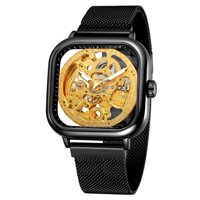 Đồng hồ nam mặt vuông Cơ khí bằng thép không gỉ Không thấm nước Mặt số tự động lên dây cót màn hình phát sáng FORSINING -Màu vàng đen