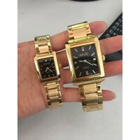 đồng hồ nam nữ mặt vuông halei,dây vàng mặt đen