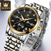 Đồng Hồ Nam OLEVS-2858 Mặt Tròn Mạ Vàng 18k Chống Nước Chạy Đủ 6 Kim Có Ô Lịch Ngày Khóa Bướm Có Hộp In Logo Chính Hãng - Đen Mạ Vàng