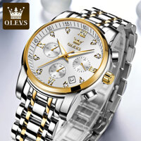 Đồng Hồ Nam OLEVS-2858 Mặt Tròn Mạ Vàng 18k Chống Nước Chạy Đủ 6 Kim Có Ô Lịch Ngày Khóa Bướm Có Hộp In Logo Chính Hãng - Trắng Mạ Vàng