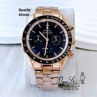 Đồng Hồ Nam Omega Quartz Dây Kim Loại 6 Kim - Màu Vàng Hồng Mặt Đen Viền Đen Size 42mm