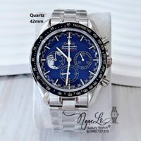 Đồng Hồ Nam Omega Quartz Dây Kim Loại 6 Kim - Màu Bạc Mặt Xanh Viền Đen Size 42mm