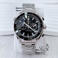 Đồng Hồ Nam Omega Quartz Dây Kim Loại 5 Kim - Màu Bạc Mặt Đen Size 42mm