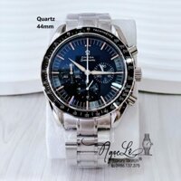 Đồng Hồ Nam Omega Quartz Dây Kim Loại 6 Kim - Bạc Mặt Đen Vạch Phản Quang Size 44mm