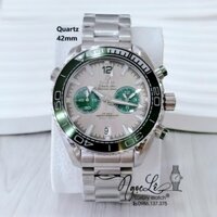 Đồng Hồ Nam Omega Quartz Dây Kim Loại 5 Kim - Màu Bạc Mặt Xám Viền Xanh Rêu Size 42mm